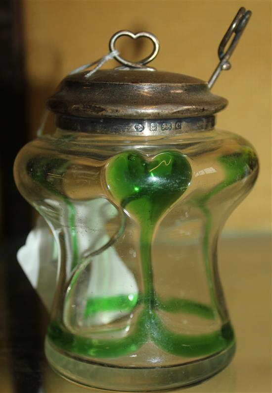 Art Nouveau green overlay glass preserve jar with silver cover and spoon(-)